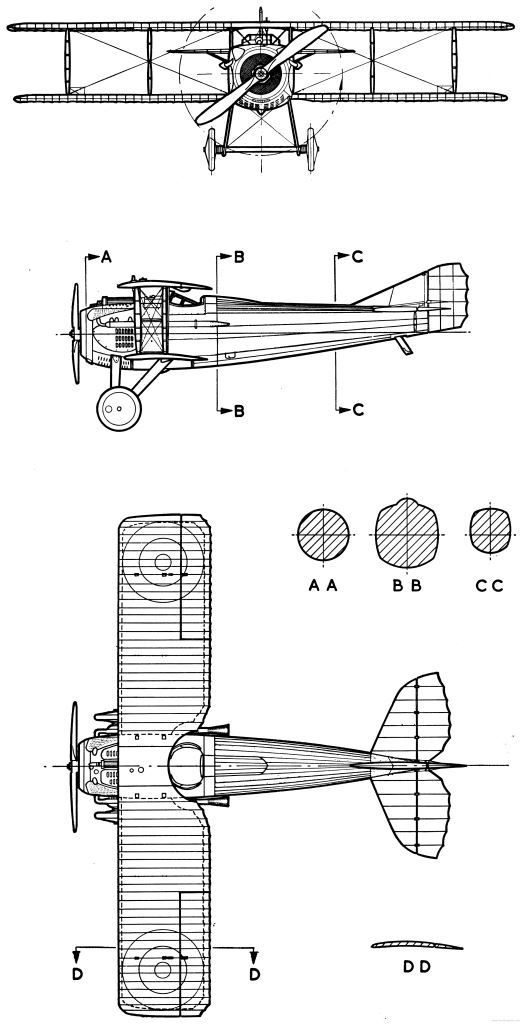Общий вид, сечения крыла и фюзеляжа истребителя SPAD